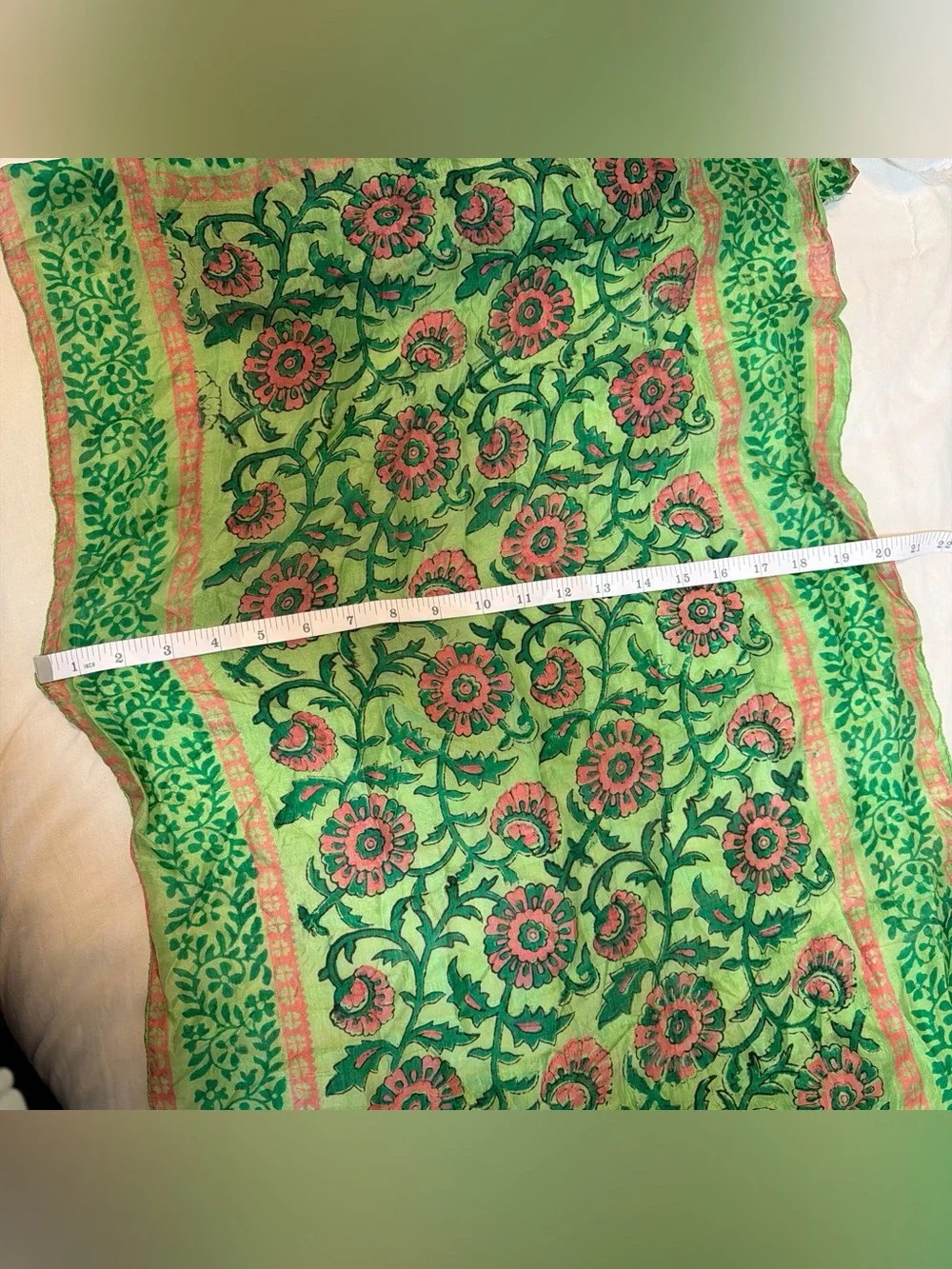 Hand Woven Indian Silk Floral Scarf Green Pink Boho